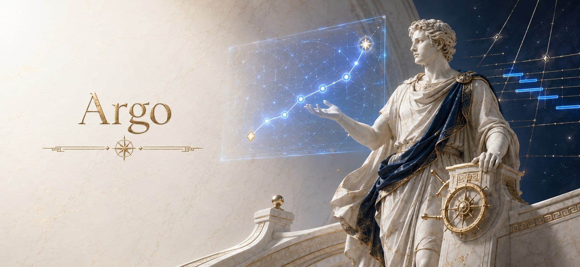 Argo — engraved gold wordmark beside a marble navigator at a golden helm, charting a glowing star-course of milestones