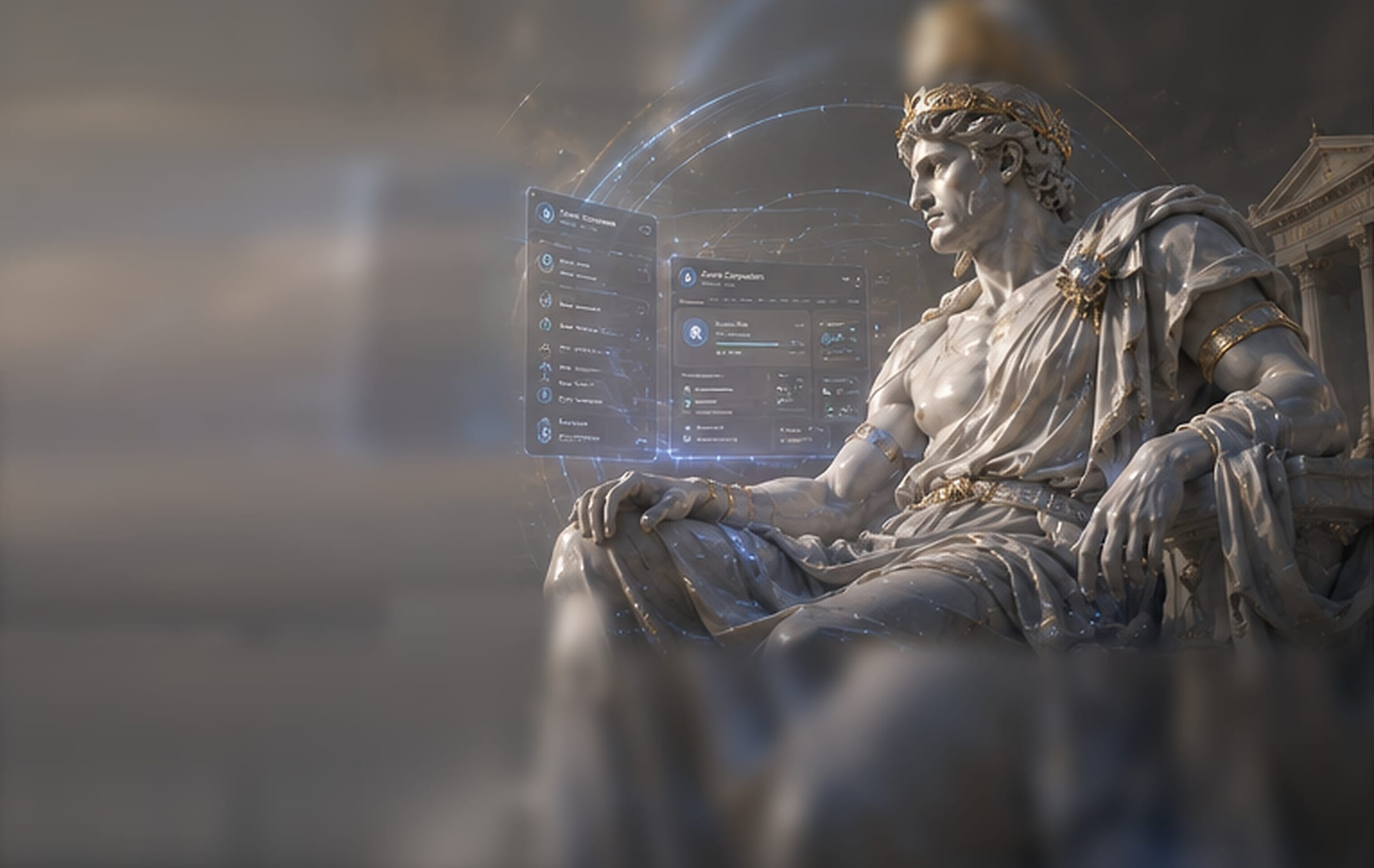 Marble emperor statue crowned in gold, studying holographic Syndeo dashboards